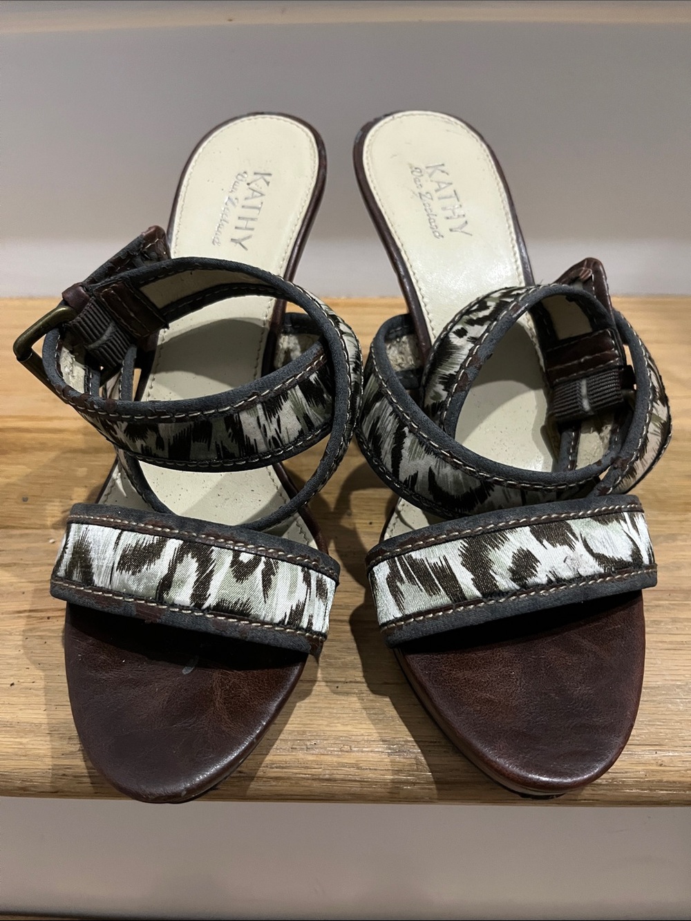 Kathy Van Zeeland Brown and Ivory Patterned Strappy Heels